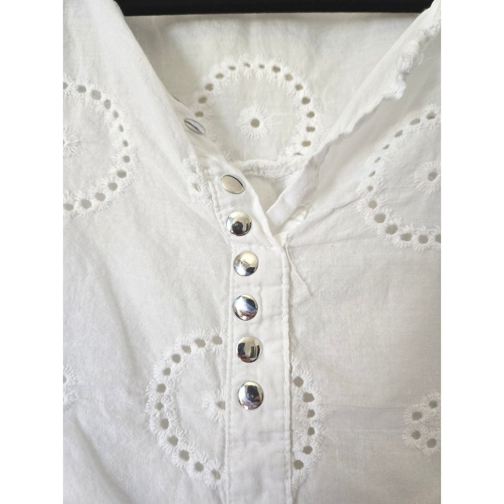 Tempo Paris Womens L Blouse White Eyelet Cotton Long Sleeve Top Coastal Beach - Picture 3 of 8